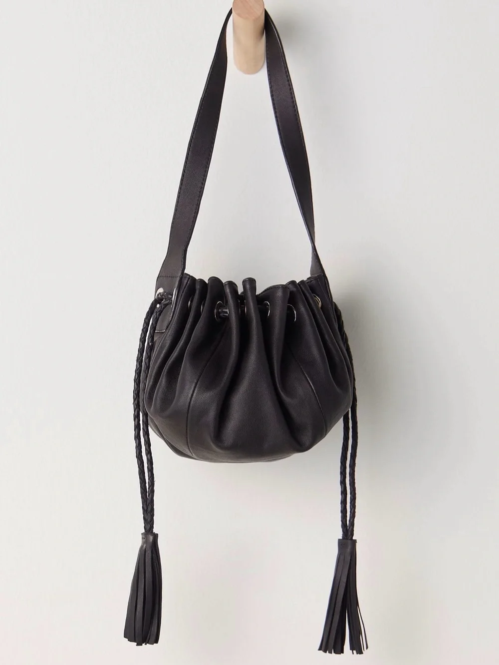 Free People Black Braided Tassel Drawstring Bucket Bag